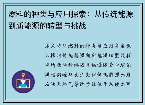 燃料的种类与应用探索：从传统能源到新能源的转型与挑战